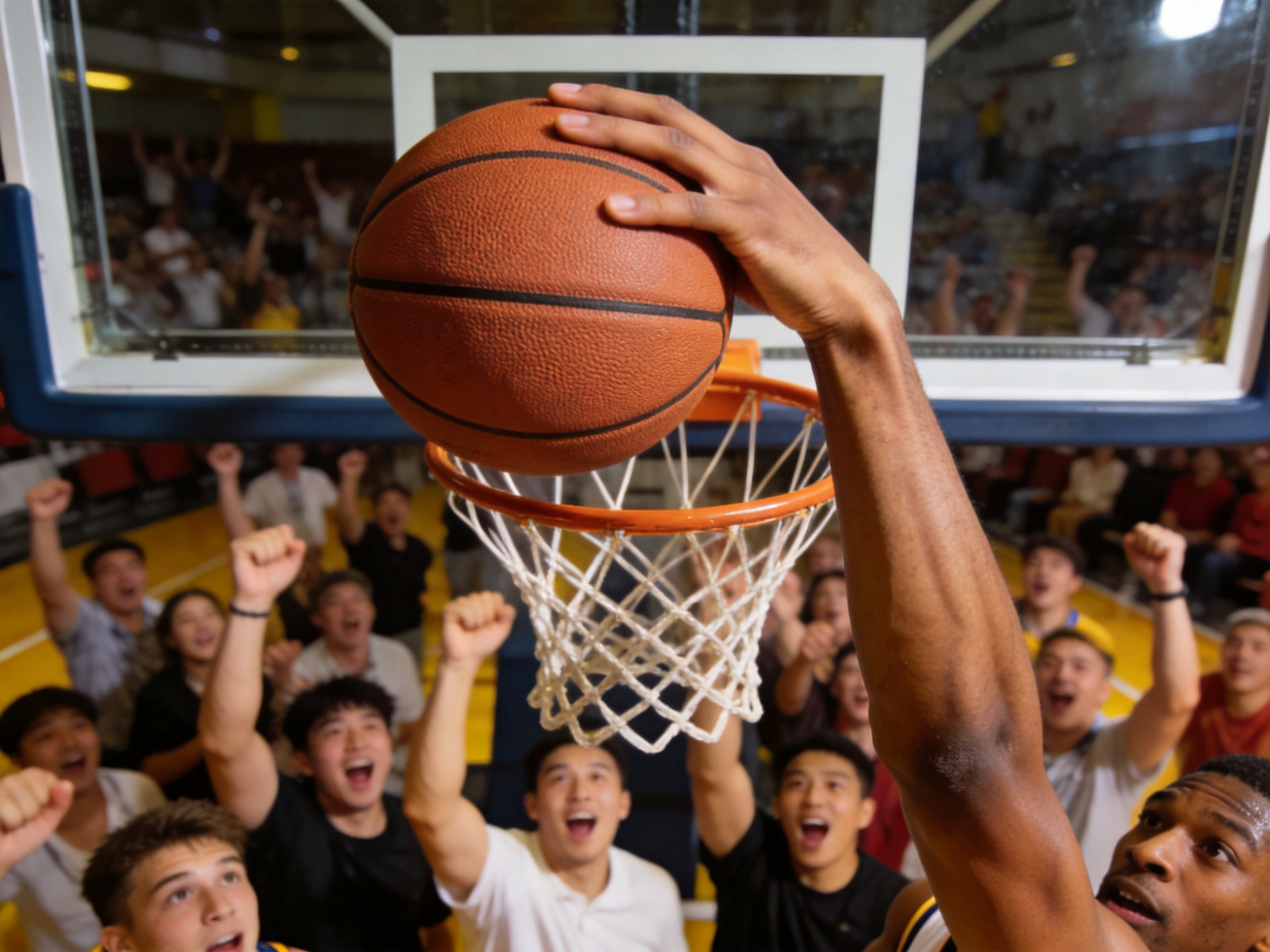 篮球赛场精彩上篮瞬间，观众热情欢呼